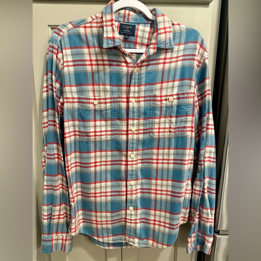 J. Crew Mens Flannel Shirt blue red white plaid medium